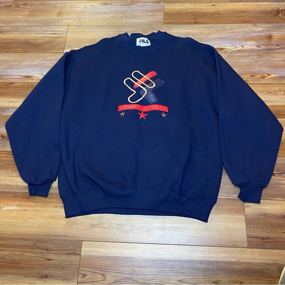 Fila Sport Italia Vintage Navy Blue Large Logo Fleece Crewneck Sweatshirt